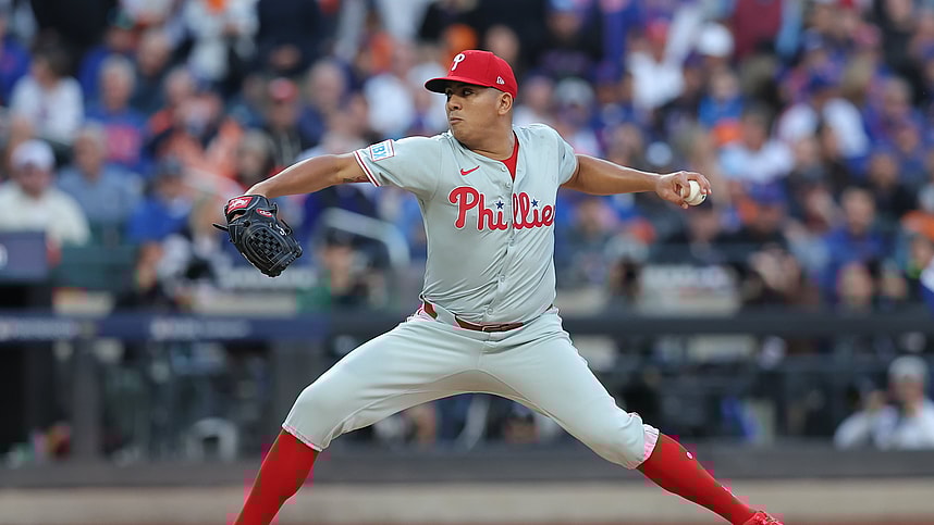 Oct 9, 2024; New York, New York, USA;  Philadelphia Phillies pitcher Ranger Suarez (55) throws a pitch against the New York Mets in the first inning in game four of the NLDS for the 2024 MLB Playoffs at Citi Field. Mandatory Credit: Brad Penner-Imagn Images