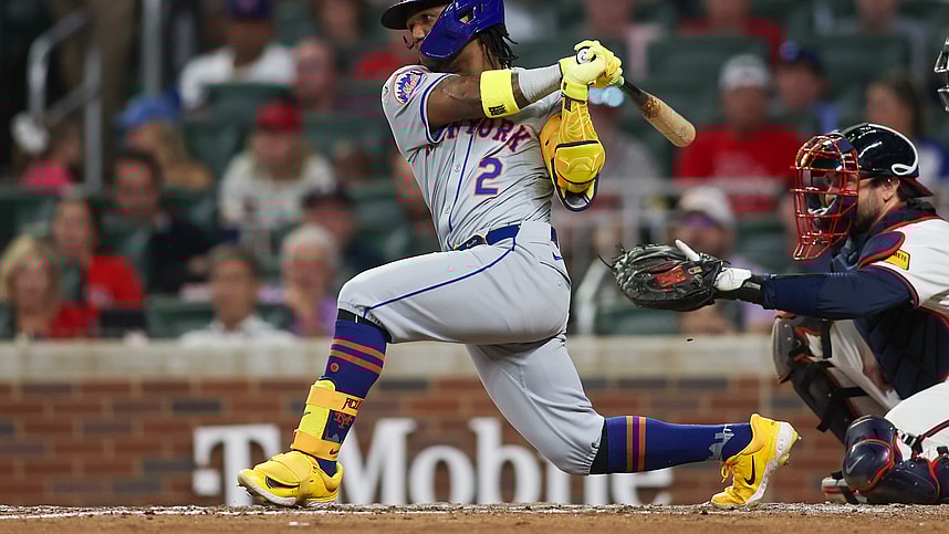 Sep 24, 2024; Atlanta, Georgia, USA; New York Mets shortstop Luisangel Acuna (2) hits a single against the Atlanta Braves in the eighth inning at Truist Park. Mandatory Credit: Brett Davis-Imagn Images