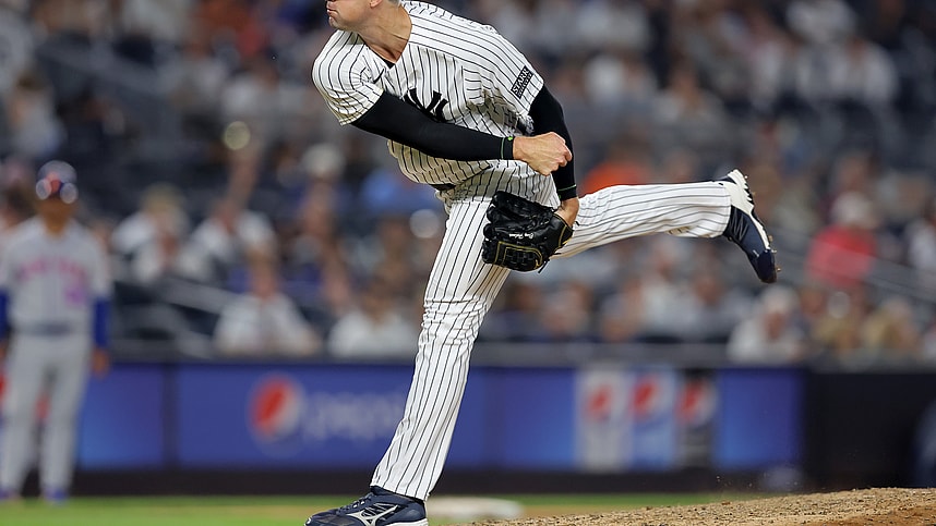 Jul 26, 2023; Bronx, New York, USA; New York Yankees relief pitcher Clay Holmes (35) follows through on a pitch against the New York Mets during the ninth inning at Yankee Stadium. Mandatory Credit: Brad Penner-Imagn Images