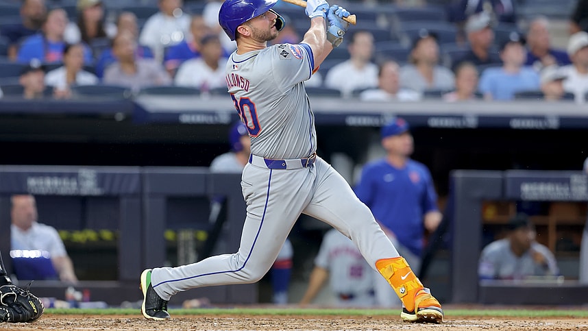 Jul 24, 2024; Bronx, New York, USA; New York Mets first baseman Pete Alonso (20) follows through on a two run home run against the New York Yankees during the fourth inning at Yankee Stadium. Mandatory Credit: Brad Penner-Imagn Images