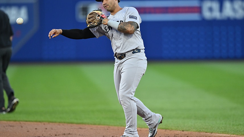 Aug 18, 2024; Williamsport, Pennsylvania, USA; New York Yankees infielder Gleyber Torres (25) throws to first against the Detroit Tigers in the second inning at BB&T Ballpark at Historic Bowman Field. Mandatory Credit: Kyle Ross-Imagn Images