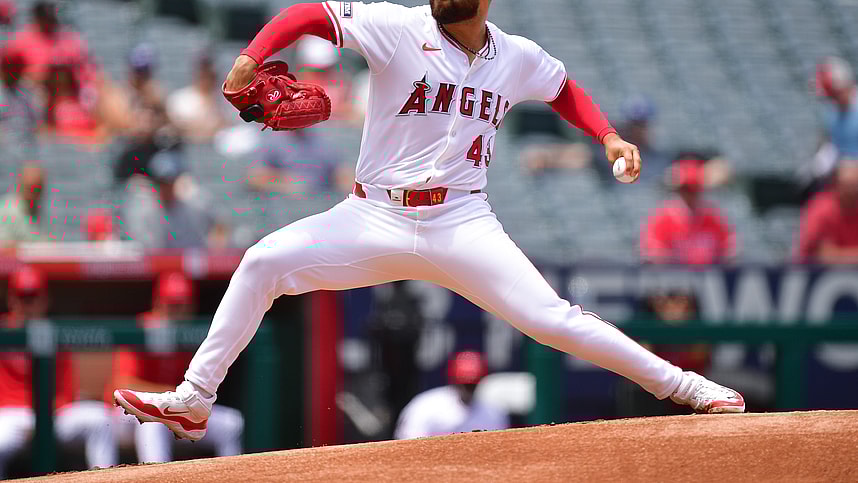 May 1, 2024; Anaheim, California, USA; Los Angeles Angels pitcher Patrick Sandoval (43) throws against the Philadelphia Phillies during the first inning at Angel Stadium. Mandatory Credit: Gary A. Vasquez-Imagn Images