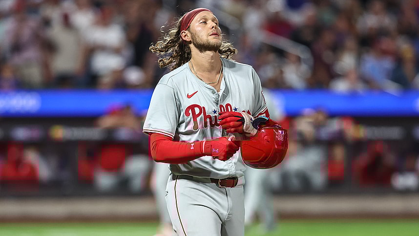 Sep 19, 2024; New York City, New York, USA;  Philadelphia Phillies third baseman Alec Bohm (28) reacts after popping out to end the seventh inning against the New York Mets at Citi Field. Mandatory Credit: Wendell Cruz-Imagn Images