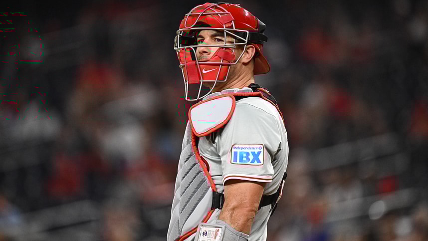 Sep 27, 2024; Washington, District of Columbia, USA; Philadelphia Phillies catcher J.T. Realmuto (10) looks out to the crowd during the first inning against the Washington Nationals at Nationals Park. Mandatory Credit: James A. Pittman-Imagn Images