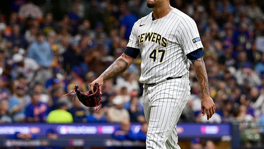 Oct 2, 2024; Milwaukee, Wisconsin, USA; Milwaukee Brewers pitcher Frankie Montas (47) is removed from the game during the fourth inning in game two of the Wildcard round for the 2024 MLB Playoffs against the New York Mets at American Family Field. Mandatory Credit: Benny Sieu-Imagn Images