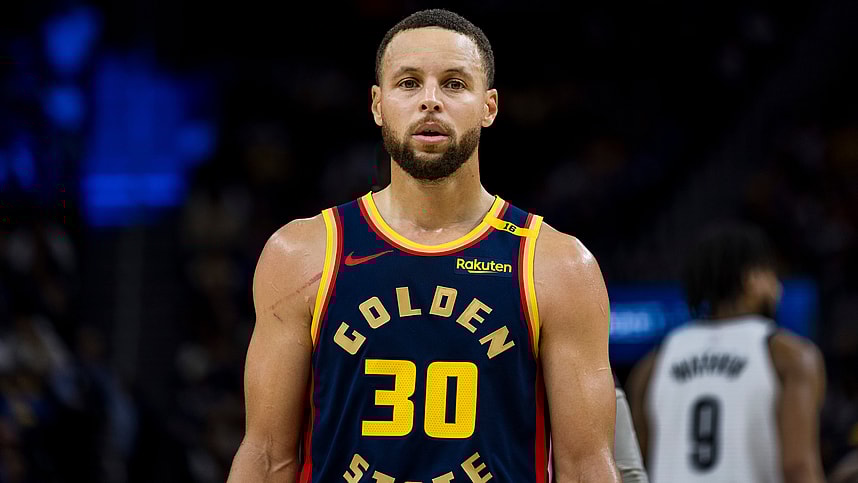 Nov 25, 2024; San Francisco, California, USA; Golden State Warriors guard Stephen Curry (30) nearing the end of the second half of the game against the Brooklyn Nets at Chase Center. Mandatory Credit: John Hefti-Imagn Images