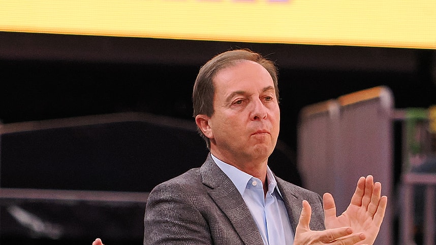 Mar 7, 2024; San Francisco, California, USA; Golden State Warriors majority owner Joe Lacob claps on the sideline during the fourth quarter against the Chicago Bulls at Chase Center. Mandatory Credit: Kelley L Cox-Imagn Images