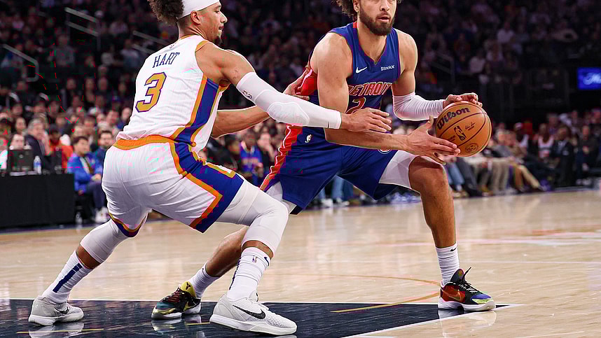 Dec 7, 2024; New York, New York, USA; Detroit Pistons guard Cade Cunningham (2) is defended by New York Knicks guard Josh Hart (3) during the first half at Madison Square Garden. Mandatory Credit: Vincent Carchietta-Imagn Images