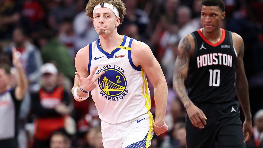 Dec 11, 2024; Houston, Texas, USA; Golden State Warriors guard Brandin Podziemski (2) reacts after making a basket during the fourth quarter against the Houston Rockets at Toyota Center. Mandatory Credit: Troy Taormina-Imagn Images