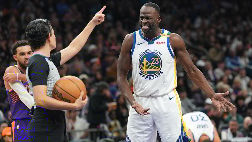 Nov 30, 2024; Phoenix, Arizona, USA; Golden State Warriors forward Draymond Green (23) argues a call during the second half against the Phoenix Suns at Footprint Center. Mandatory Credit: Joe Camporeale-Imagn Images