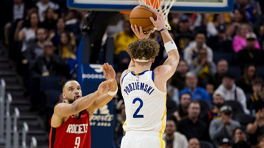 Dec 5, 2024; San Francisco, California, USA; Golden State Warriors guard Brandin Podziemski (2) takes a three-point shot against the Houston Rockets during the fourth quarter at Chase Center. Mandatory Credit: John Hefti-Imagn Images