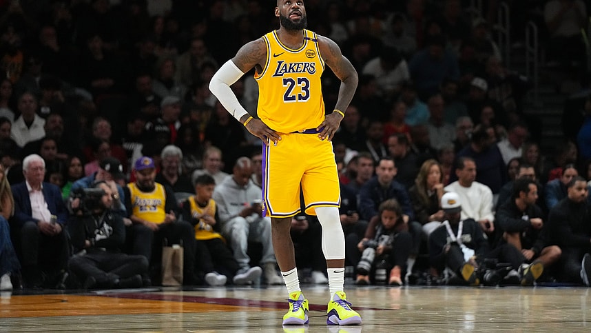 Dec 4, 2024; Miami, Florida, USA; Los Angeles Lakers forward LeBron James (23) looks up at the scoreboard late in a game against the Miami Heat at Kaseya Center. Mandatory Credit: Jim Rassol-Imagn Images