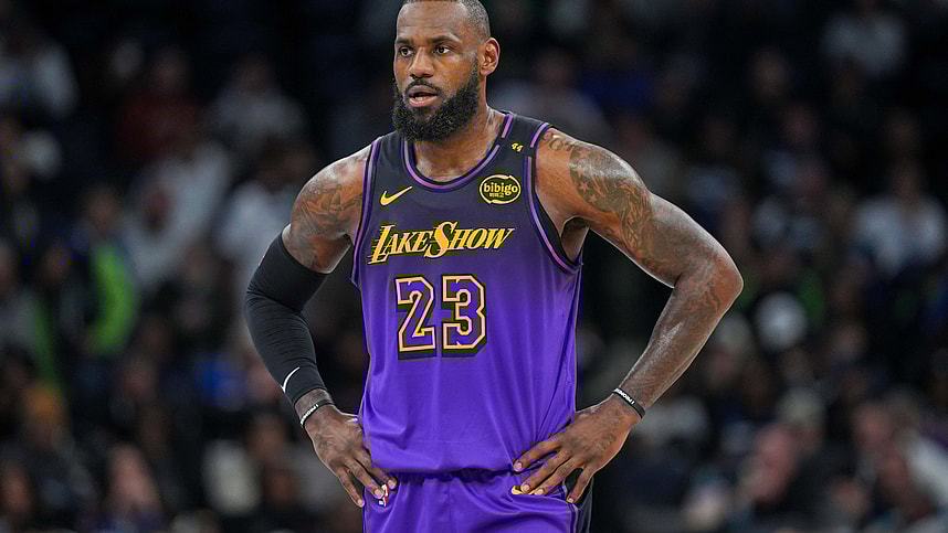 Dec 2, 2024; Minneapolis, Minnesota, USA; Los Angeles Lakers forward LeBron James (23) against the Minnesota Timberwolves in the first quarter at Target Center. Mandatory Credit: Brad Rempel-Imagn Images