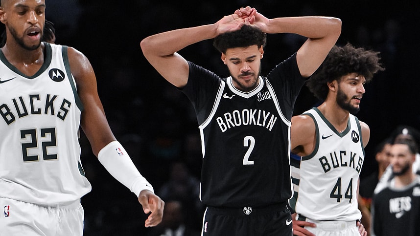 Dec 8, 2024; Brooklyn, New York, USA; Brooklyn Nets forward Cameron Johnson (2) reacts during the second half against the Milwaukee Bucks at Barclays Center. Mandatory Credit: John Jones-Imagn Images
