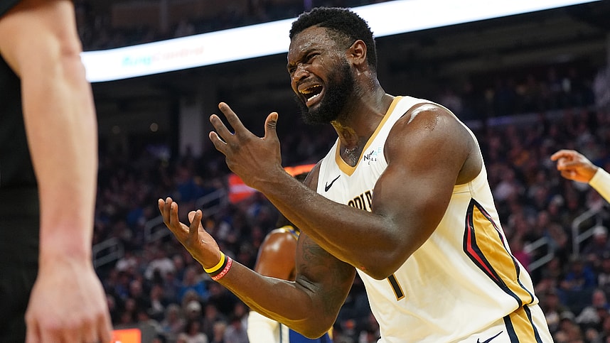 Oct 30, 2024; San Francisco, California, USA; New Orleans Pelicans forward Zion Williamson (1) reacts to to a play during the second quarter against the Golden State Warriors at Chase Center. Mandatory Credit: David Gonzales-Imagn Images
