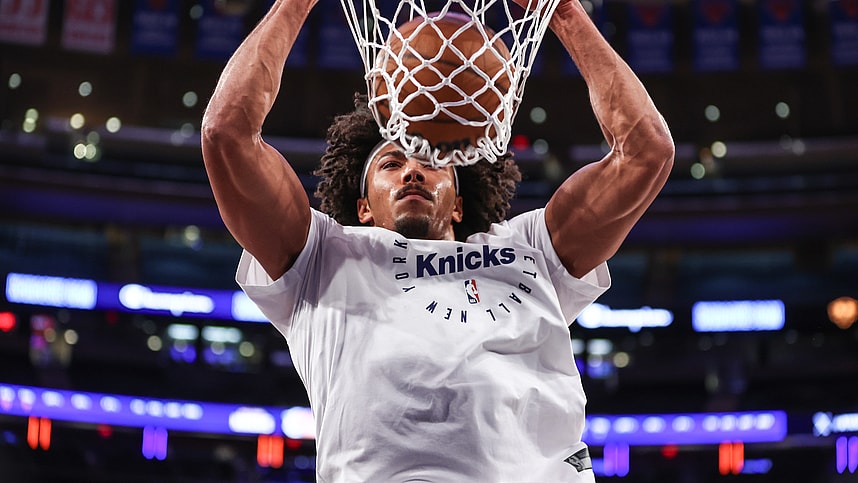 Dec 1, 2024; New York, New York, USA; New York Knicks center Jericho Sims (20) warms up prior to the game against the New Orleans Pelicans at Madison Square Garden. Mandatory Credit: Wendell Cruz-Imagn Images
