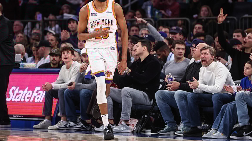 Dec 1, 2024; New York, New York, USA; New York Knicks forward Mikal Bridges (25) celebrates after scoring in the fourth quarter against the New Orleans Pelicans at Madison Square Garden. Mandatory Credit: Wendell Cruz-Imagn Images