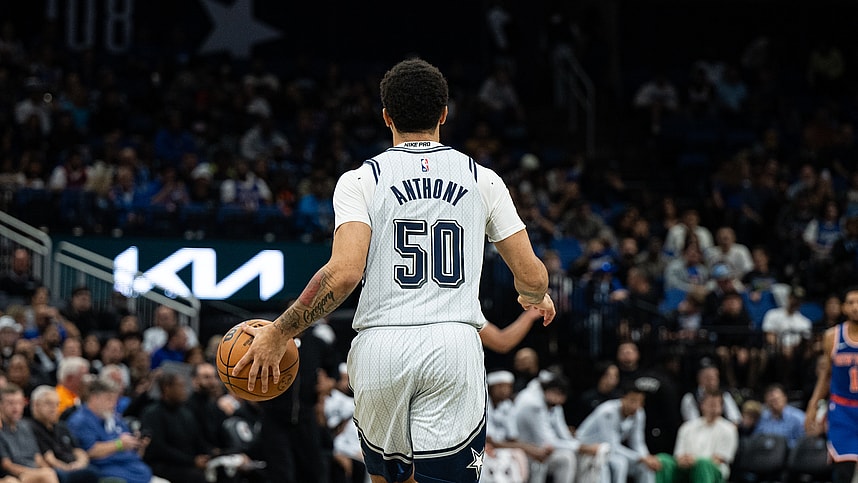 Dec 15, 2024; Orlando, Florida, USA; Orlando Magic guard Cole Anthony (50) dribbles the ball against the New York Knicks in the second quarter  at Kia Center. Mandatory Credit: Jeremy Reper-Imagn Images