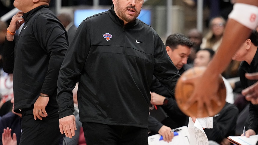 Dec 9, 2024; Toronto, Ontario, CAN; New York Knicks head coach Tom Thibodeau watches during the second half against the Toronto Raptors at Scotiabank Arena. Mandatory Credit: John E. Sokolowski-Imagn Images