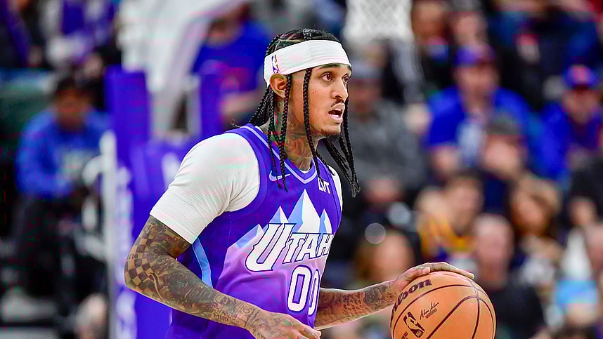 Nov 23, 2024; Salt Lake City, Utah, USA; Utah Jazz guard Jordan Clarkson (00) dribbles the ball downcourt against the New York Knicks during the second half at the Delta Center. Mandatory Credit: Christopher Creveling-Imagn Images