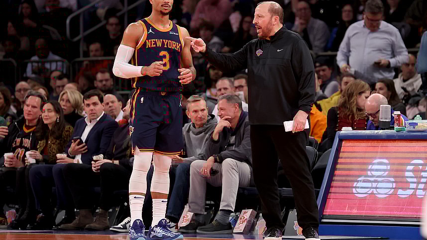 Dec 3, 2024; New York, New York, USA; New York Knicks head coach Tom Thibodeau talks to guard Josh Hart (3) during the third quarter against the Orlando Magic at Madison Square Garden. Mandatory Credit: Brad Penner-Imagn Images