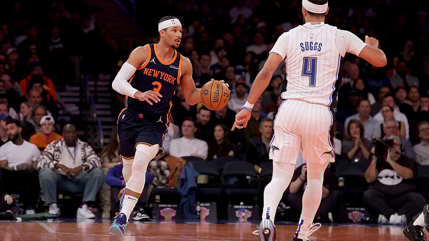 Dec 3, 2024; New York, New York, USA; New York Knicks guard Josh Hart (3) brings the ball up court against Orlando Magic guard Jalen Suggs (4) during the third quarter at Madison Square Garden. Mandatory Credit: Brad Penner-Imagn Images