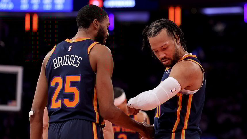 Dec 3, 2024; New York, New York, USA; New York Knicks guard Jalen Brunson (11) reacts after a basket and a foul during the third quarter against the Orlando Magic at Madison Square Garden. Mandatory Credit: Brad Penner-Imagn Images