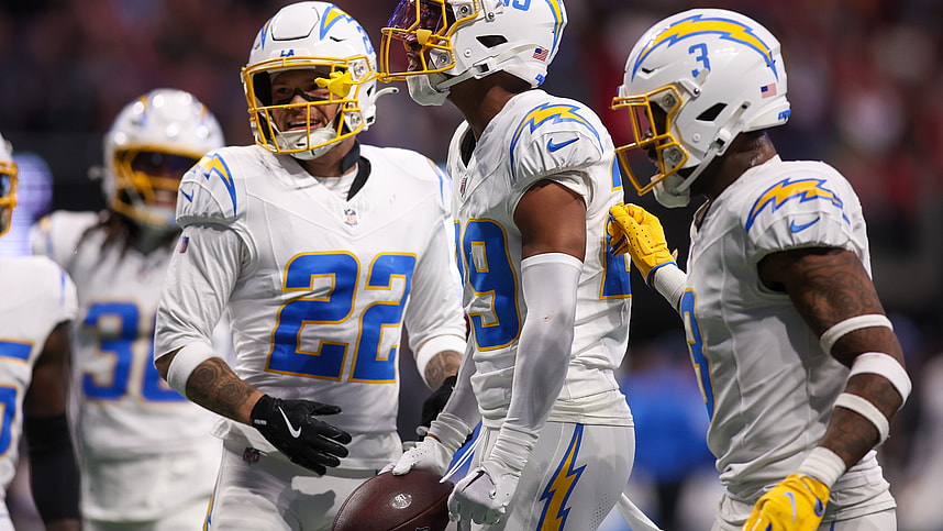 Dec 1, 2024; Atlanta, Georgia, USA; Los Angeles Chargers cornerback Tarheeb Still (29) reacts after an interception against the Atlanta Falcons in the second quarter at Mercedes-Benz Stadium. Mandatory Credit: Brett Davis-Imagn Images