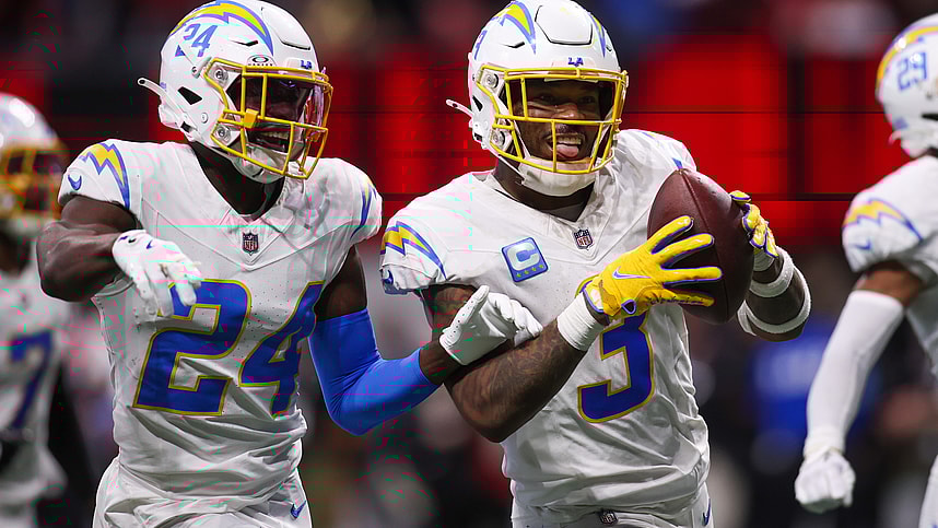 Dec 1, 2024; Atlanta, Georgia, USA; Los Angeles Chargers safety Derwin James Jr. (3) celebrates with safety Marcus Maye (24) and cornerback Tarheeb Still (29) after an interception against the Atlanta Falcons in the fourth quarter at Mercedes-Benz Stadium. Mandatory Credit: Brett Davis-Imagn Images