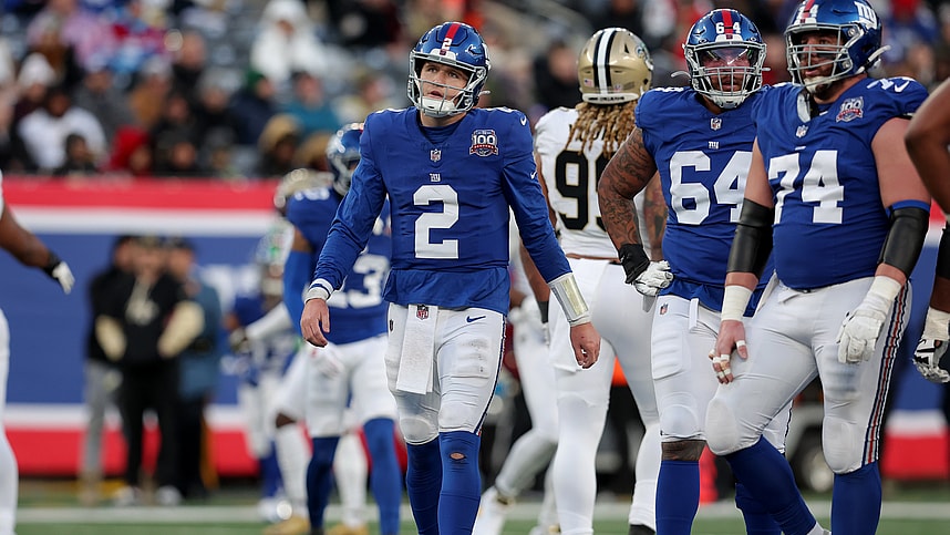 Dec 8, 2024; East Rutherford, New Jersey, USA; New York Giants quarterback Drew Lock (2) reacts during the fourth quarter against the New Orleans Saints at MetLife Stadium. Mandatory Credit: Brad Penner-Imagn Images