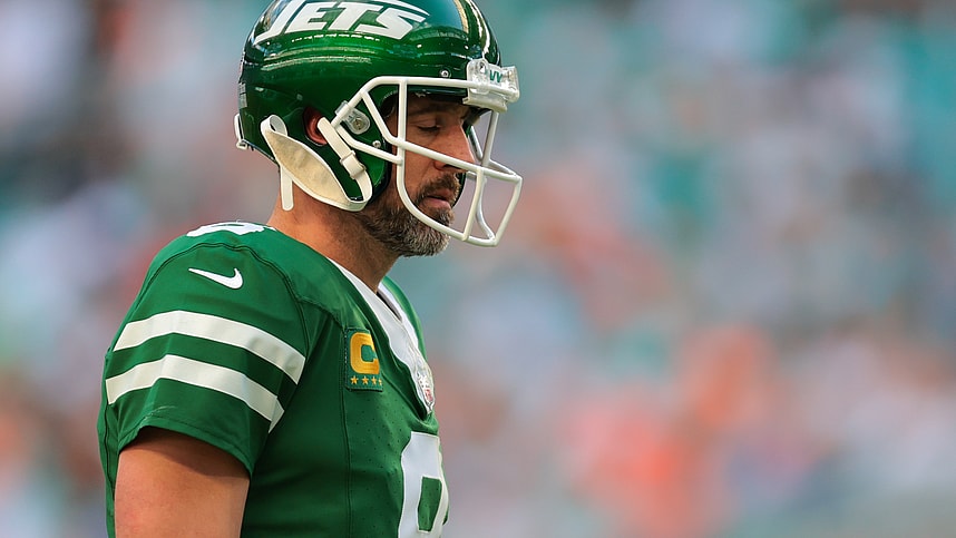 Dec 8, 2024; Miami Gardens, Florida, USA; New York Jets quarterback Aaron Rodgers (8) reacts on the field against the Miami Dolphins during the fourth quarter at Hard Rock Stadium. Mandatory Credit: Sam Navarro-Imagn Images, new york giants