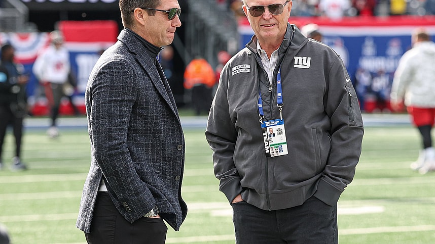 Nov 24, 2024; East Rutherford, New Jersey, USA; New York Giants owner John Mara, left, and New York Giants general manager Joe Schoen on the field before the game between the Giants and the Tampa Bay Buccaneers at MetLife Stadium. Mandatory Credit: Vincent Carchietta-Imagn Images