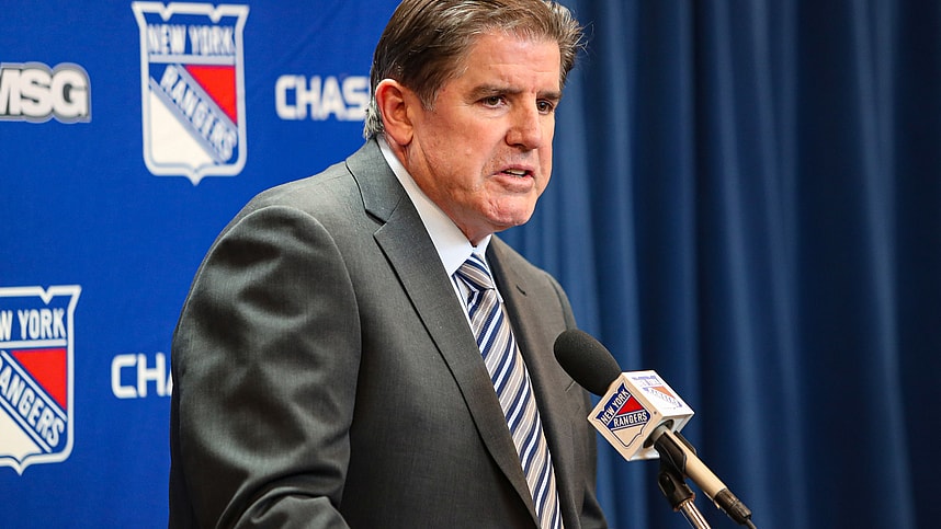 Nov 25, 2024; New York, New York, USA; New York Rangers head coach Peter Laviolette speaks to reporters after a 5-2 loss to the St. Louis Blues at Madison Square Garden. Mandatory Credit: Danny Wild-Imagn Images