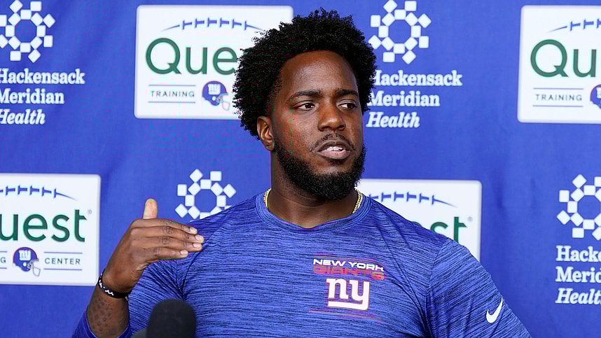 New York Giants assistant general manager Brandon Brown talks to reporters after the first day of mandatory minicamp at the Giants training center in East Rutherford on Tuesday, June 13, 2023.