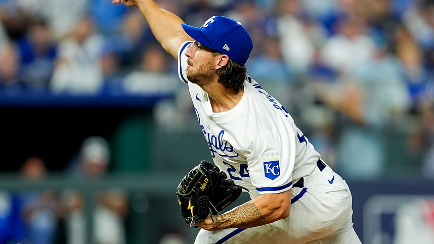 Oct 9, 2024; Kansas City, Missouri, USA; Kansas City Royals pitcher Michael Lorenzen (24) pitches during the ninth inning against the New York Yankees in game three of the ALDS for the 2024 MLB Playoffs at Kauffman Stadium. Mandatory Credit: Jay Biggerstaff-Imagn Images