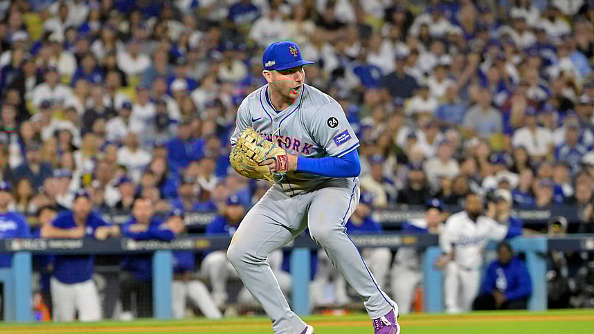 Oct 20, 2024; Los Angeles, California, USA; New York Mets first baseman Pete Alonso (20) fields the ball hit by Los Angeles Dodgers second baseman Chris Taylor (not pictured) in the sixth inning during game six of the NLCS for the 2024 MLB playoffs at Dodger Stadium. Mandatory Credit: Jayne Kamin-Oncea-Imagn Images