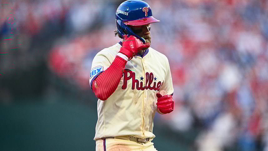 Oct 6, 2024; Philadelphia, Pennsylvania, USA; Philadelphia Phillies first baseman Bryce Harper (3) reacts after hitting a two-run home run against the New York Mets in the sixth inning during game two of the NLDS for the 2024 MLB Playoffs at Citizens Bank Park. Mandatory Credit: Kyle Ross-Imagn Images