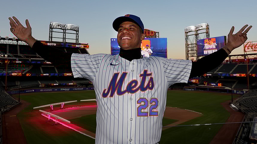 Dec 12, 2024; Flushing, NY, USA; New York Mets right fielder Juan Soto poses for photos during his introductory press conference at Citi Field. Mandatory Credit: Brad Penner-Imagn Images