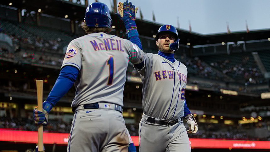 Apr 20, 2023; San Francisco, California, USA; New York Mets first baseman Pete Alonso (20) is congratulated by right fielder Jeff McNeil (1) after hitting a two-run home run against the San Francisco Giants during the fourth inning at Oracle Park. Mandatory Credit: John Hefti-Imagn Images