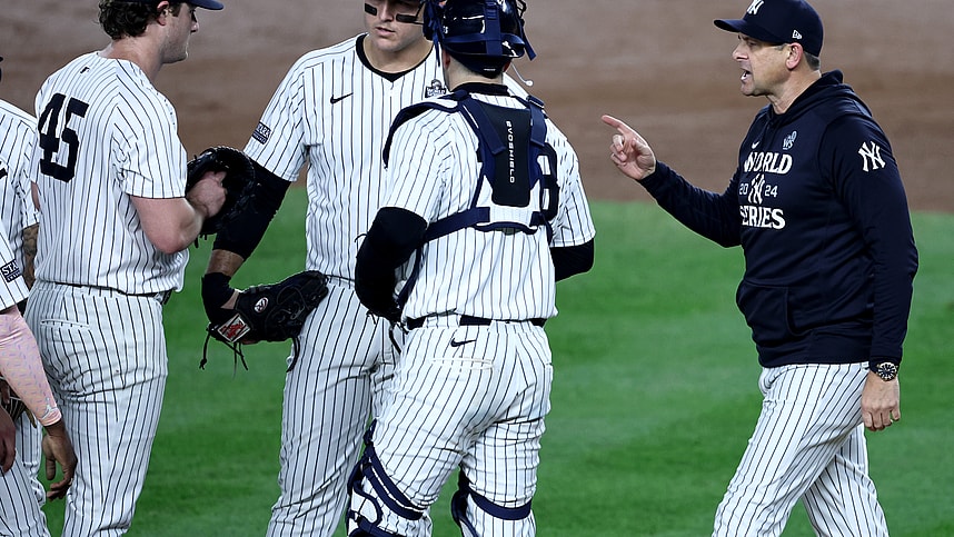 Oct 30, 2024; New York, New York, USA; New York Yankees manager Aaron Boone (17) makes a pitching change taking out pitcher Gerrit Cole (45) during the seventh inning against the Los Angeles Dodgers in game five of the 2024 MLB World Series at Yankee Stadium. Mandatory Credit: Wendell Cruz-Imagn Images