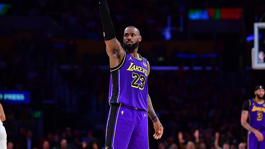 Jan 3, 2025; Los Angeles, California, USA; Los Angeles Lakers forward LeBron James (23) reacts after scoring three point basket against the Atlanta Hawks during the second half at Crypto.com Arena. Mandatory Credit: Gary A. Vasquez-Imagn Images
