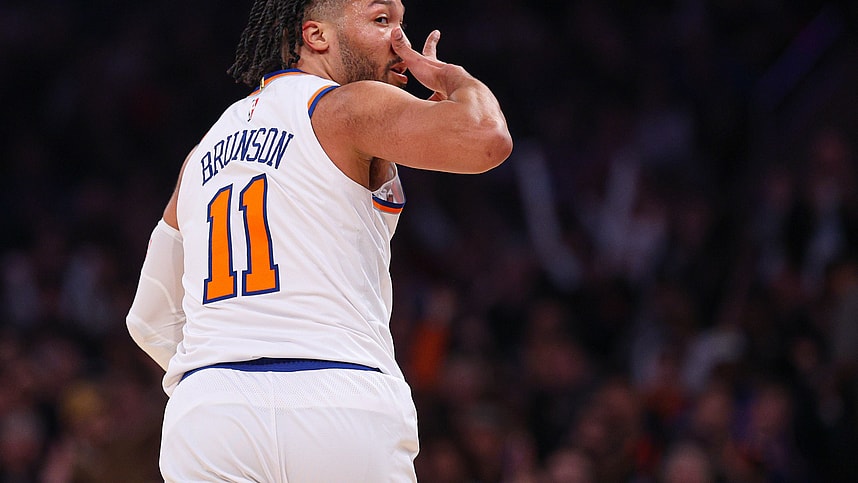 Jan 20, 2025; New York, New York, USA; New York Knicks guard Jalen Brunson (11) reacts after a basket during the first half against the Atlanta Hawks at Madison Square Garden. Mandatory Credit: Vincent Carchietta-Imagn Images