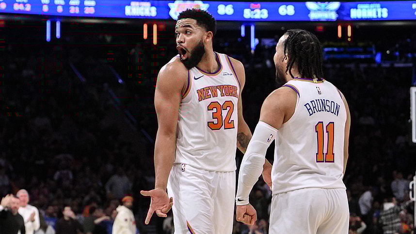 Dec 5, 2024; New York, New York, USA; New York Knicks center Karl-Anthony Towns (32) and New York Knicks guard Jalen Brunson (11) react during the second half against the Charlotte Hornets at Madison Square Garden. Mandatory Credit: John Jones-Imagn Images