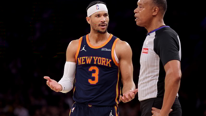 Jan 29, 2025; New York, New York, USA; New York Knicks guard Josh Hart (3) argues with referee Rodney Mott (71) after being called for a technical foul during the fourth quarter against the Denver Nuggets at Madison Square Garden. Mandatory Credit: Brad Penner-Imagn Images