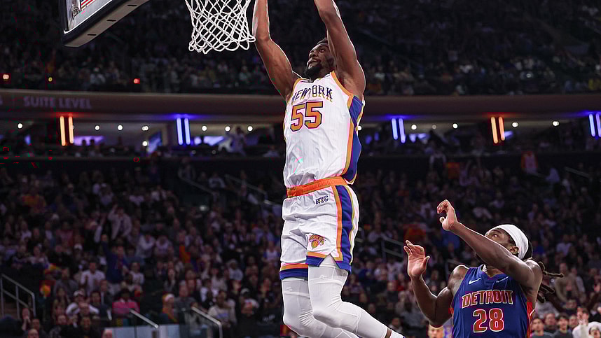 Dec 7, 2024; New York, New York, USA; New York Knicks center Ariel Hukporti (55) dunks during the second half against the Detroit Pistons at Madison Square Garden. Mandatory Credit: Vincent Carchietta-Imagn Images