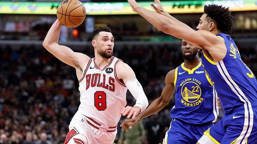 Jan 12, 2024; Chicago, Illinois, USA; Chicago Bulls guard Zach LaVine (8) drives against Golden State Warriors forward Trayce Jackson-Davis (32) during the second half at United Center. Mandatory Credit: Kamil Krzaczynski-Imagn Images