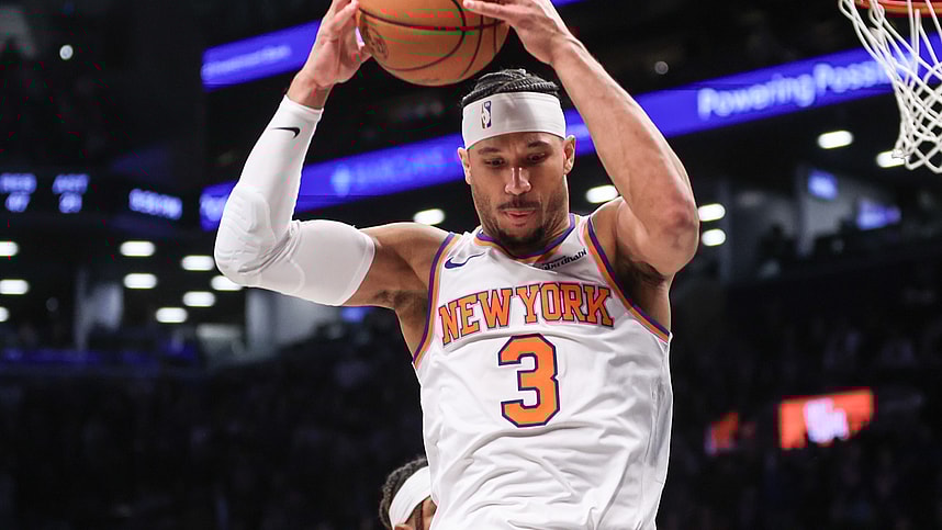 Jan 21, 2025; Brooklyn, New York, USA; New York Knicks guard Josh Hart (3) grabs a rebound in the fourth quarter against the Brooklyn Nets at Barclays Center. Mandatory Credit: Wendell Cruz-Imagn Images