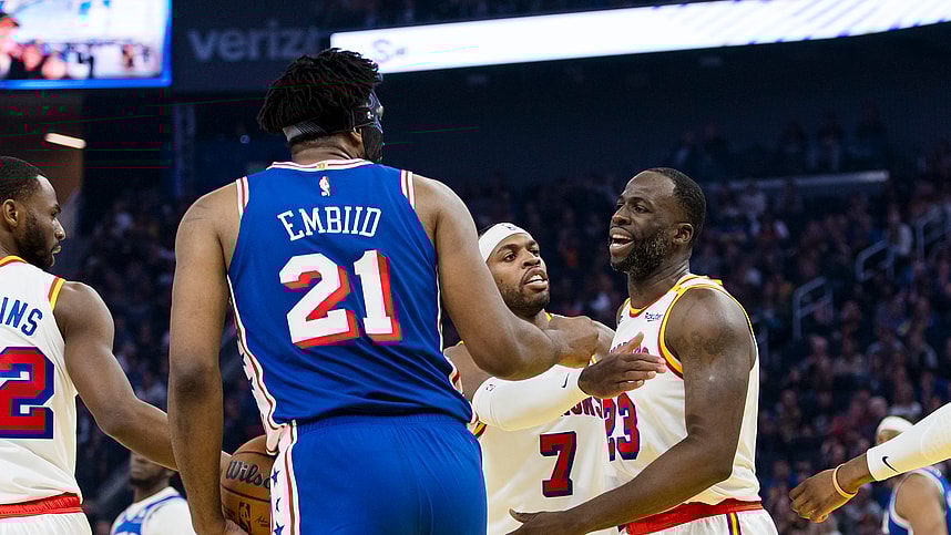 Jan 2, 2025; San Francisco, California, USA; Golden State Warriors forward Draymond Green (23) reacts after being fouled by Philadelphia 76ers center Joel Embiid (21) during the first quarter at Chase Center. Mandatory Credit: John Hefti-Imagn Images