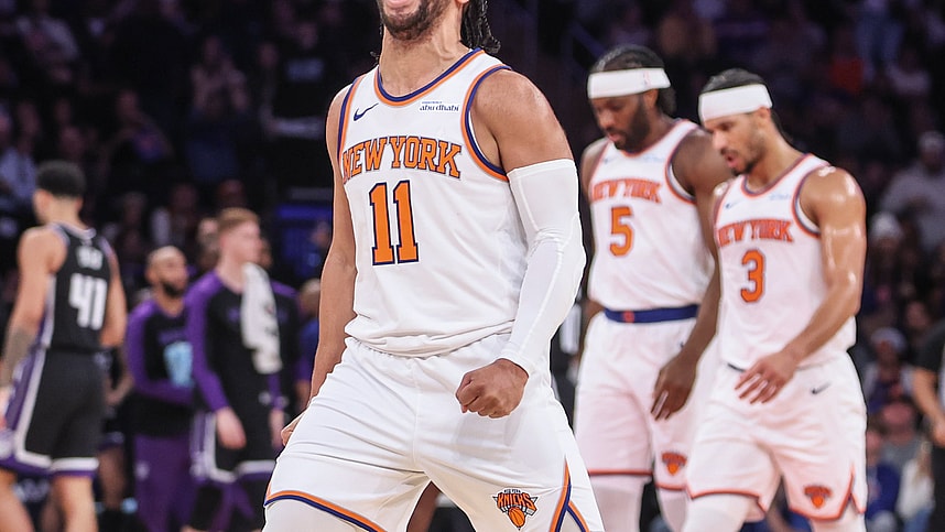 Jan 25, 2025; New York, New York, USA; New York Knicks guard Jalen Brunson (11) celebrates during a timeout called by the Sacramento Kings in the third quarter at Madison Square Garden. Mandatory Credit: Wendell Cruz-Imagn Images