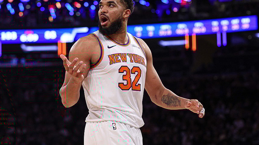 Jan 1, 2025; New York, New York, USA; New York Knicks center Karl-Anthony Towns (32) reacts during the second half against the Utah Jazz at Madison Square Garden. Mandatory Credit: Vincent Carchietta-Imagn Images